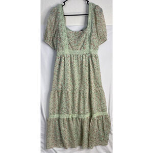 Influence Cottage Core Maxi Tiered Ruffle Pleated Dress Green Floral Size 12